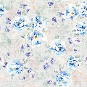 Retro Blue Watercolor Florals Nubbyweave Texture_Size Medium_Ash Gray Beige Linen Flax Eggshell