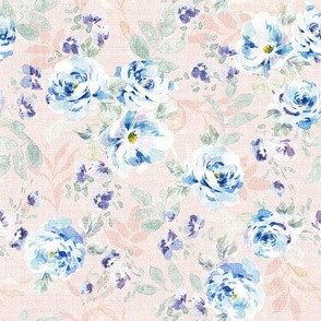 Retro Blue Watercolor Florals Nubbyweave Texture_Size Medium_Blush Rose Quartz Baby Pink