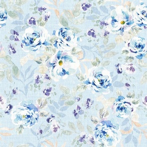 Retro Blue Watercolor Florals Nubbyweave Texture_Size Medium_Denim Baby Blue
