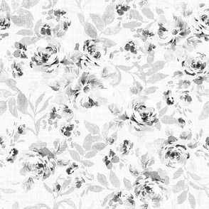 Retro Blue Watercolor Florals Nubbyweave Texture_Size Small_Monotone Grey White Black