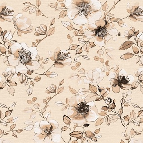 romantic dog rose vine patternin shades of neutral beige on linen texture - medium scale