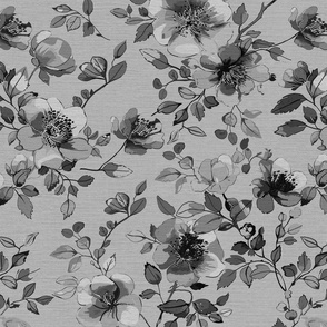 romantic dog rose vine patternin shades of silver grey on linen texture - medium scale