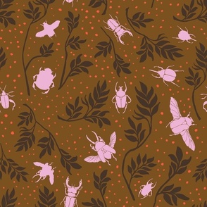 Pink Beetles With Sepia Toned Botanicals On Olive Background - 041