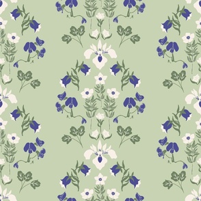 Art Nouveau Floral Medallion stripes in purple and ivory on celadon green