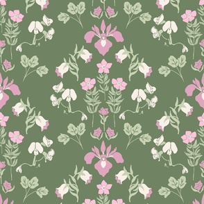 Art Nouveau Floral Medallions in dark pink, ivory, green