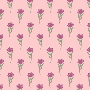 Art Nouveau Rosebud Flower Stripes in Fuchsia and green on pink 