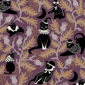 Cottagecore Cat Halloween in Moon lit Thistle Garden- Fashionista Witchy Black Cats in Ruffles- Purple- Large Scale