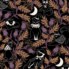 Cottagecore Cat Halloween in Moon lit Thistle Garden- Fashionista Witchy Black Cats in Ruffles- Purple Gold on Black- Large Scale