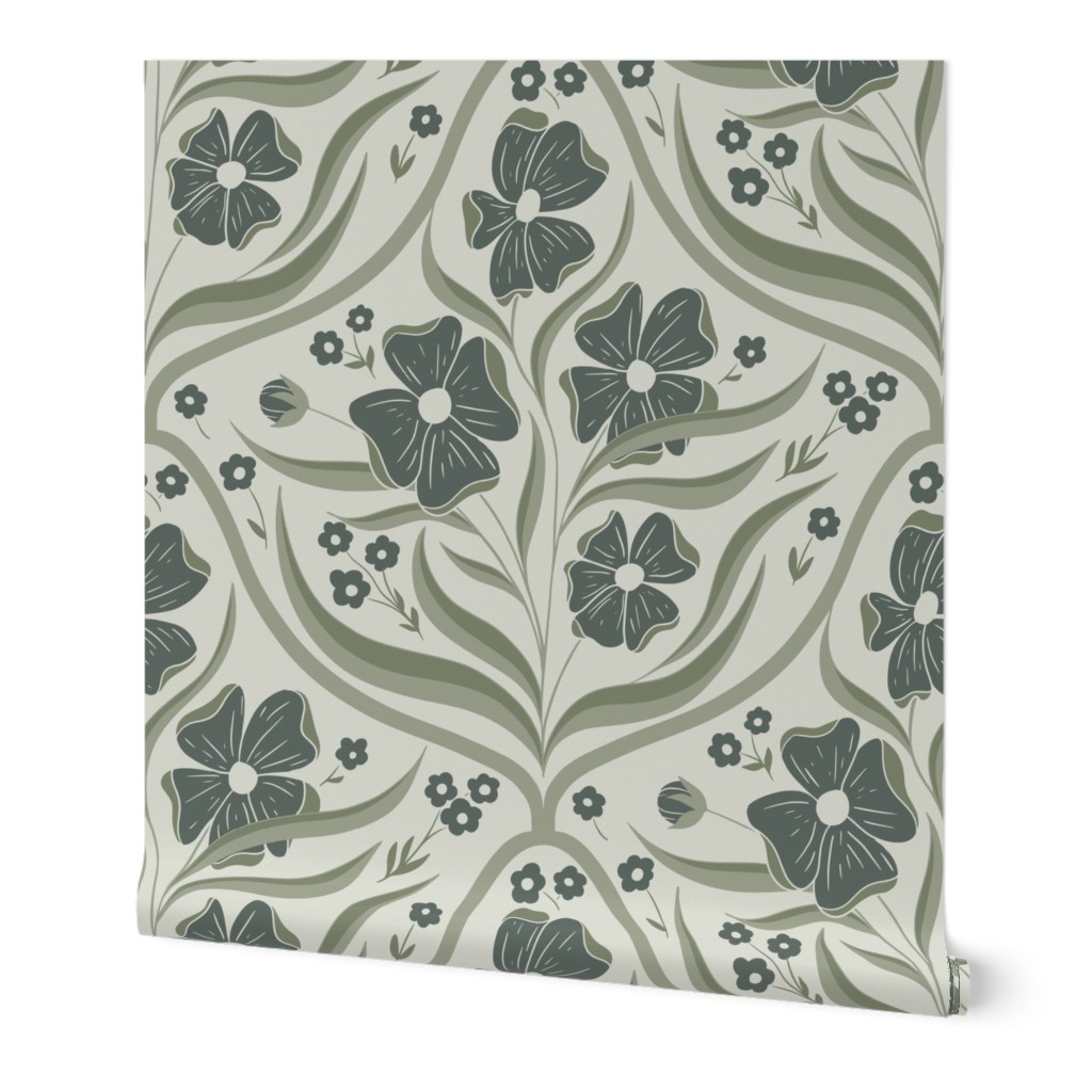 Large Scale Ogee Floral Pattern in Moody Tonal Greens.