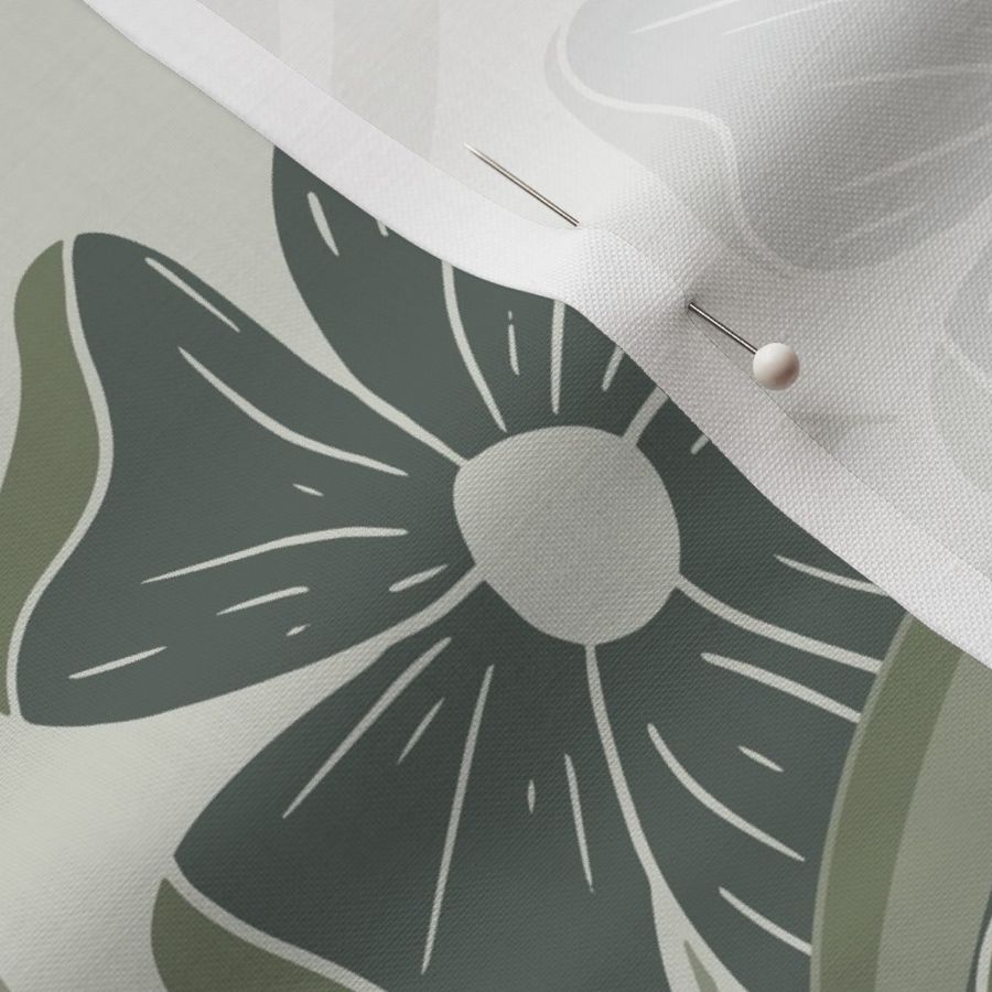 Large Scale Ogee Floral Pattern in Moody Tonal Greens.