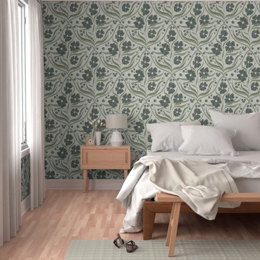 Large Scale Ogee Floral Pattern in Moody Tonal Greens.