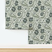 Large Scale Ogee Floral Pattern in Moody Tonal Greens.