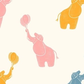Pink, Yellow and Steel Blue Elephants with Balloons | Cute Symmetrical Woodcut Block Print for Boys Nursery