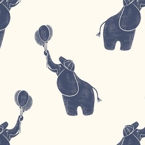 Dark Steel Blue Elephants with Balloons | Cute Symmetrical Woodcut Block Print for Boys Nursery
