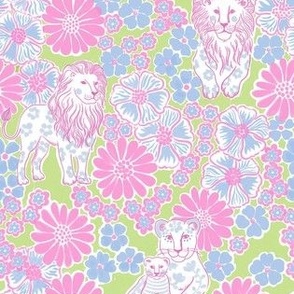 Small - Lovely Lions - pink blue and green - 60s palm beach style floral tropical preppy fun sunny resort wear beachwear happy dopamine dressing