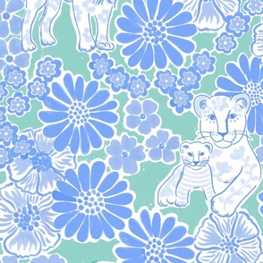 Large - Lovely Lions - blue and green - 60s palm beach style floral tropical preppy fun sunny resort wear beachwear