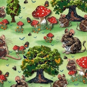 Woodland Mouse Treehouse Fun, Butterfly Forest, Playful Mice, Whimsical Rodent Critters Happy Mice Play, Happy Treehouse Joy, Whimsical Critter Play, Cute Whimsical Mice, Whimsical Woodland Story, Mouse House Tree House, Green Oak Tree Forest Black Bird