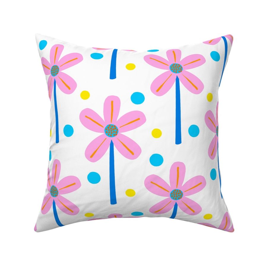 Windmill Flowers Mini Bubblegum Pink, Citrus Orange, Lemon Yellow, Royal Blue, And Turquoise Blue Mini Summer 2024 Picnic Party Fun Cute Sweet Retro Modern Scandi Half-Drop Daisy Garden And Polka Dot 70’s Floral Pattern 