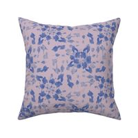 Linen textured stenciled floral and vine damask in washed denim blue and petal pink