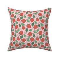 Strawberries and spring blossom with leaves - strawberry garden fruit design vintage red green on blush 