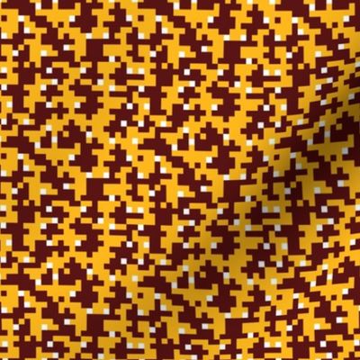 Pixelated camouflage blocks in burgundy 5a1414, gold yellow ffb612, white school spirit team colors Mini