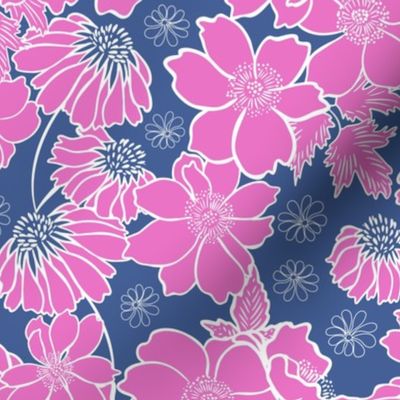 Anemone's and echinacea floral, retro style, fuchsia pink, bright pink and dark blue, large  scale