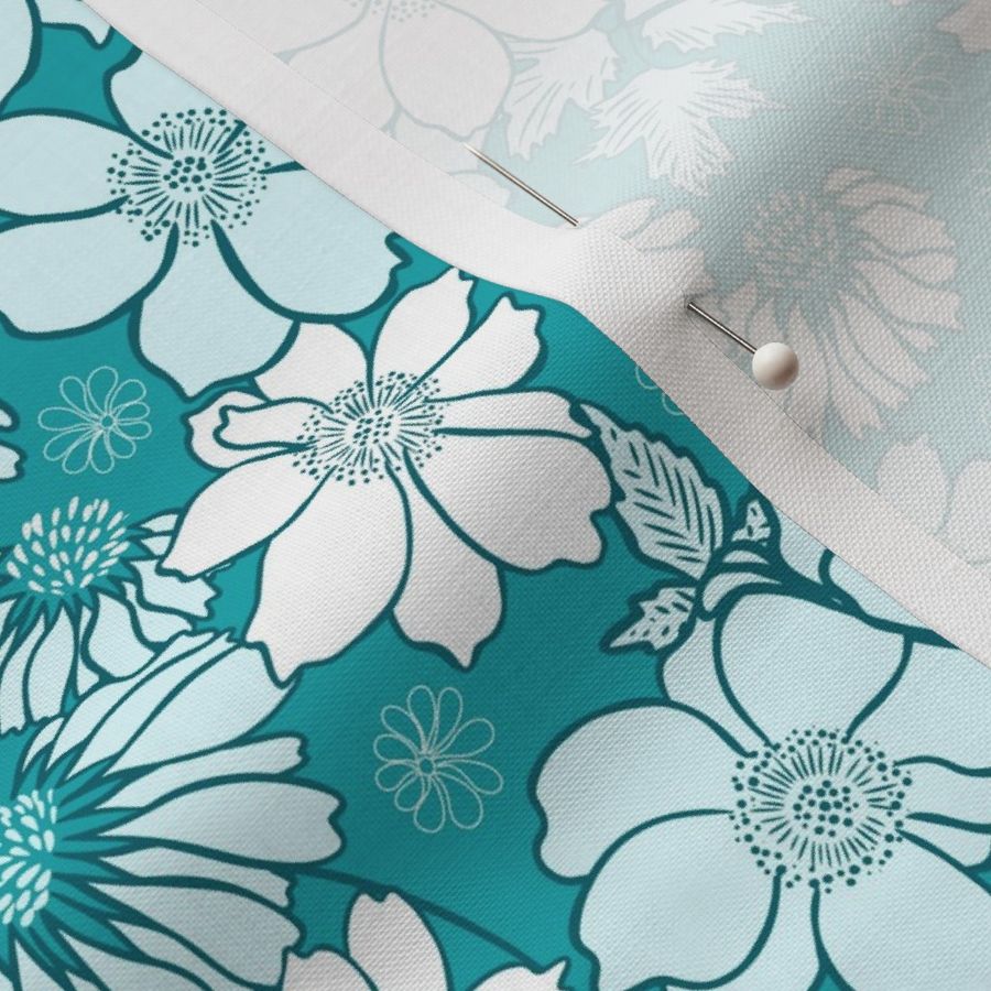 Anemone's and echinacea floral, retro style, jade green, duck egg blue and white, medium scale