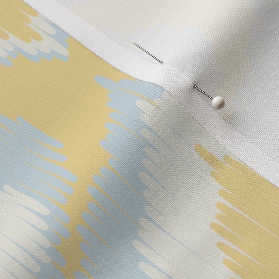 Large Geometrical Ogee Ikat in Benjamin Moore in Honeybee, Polar Sky & White Dove