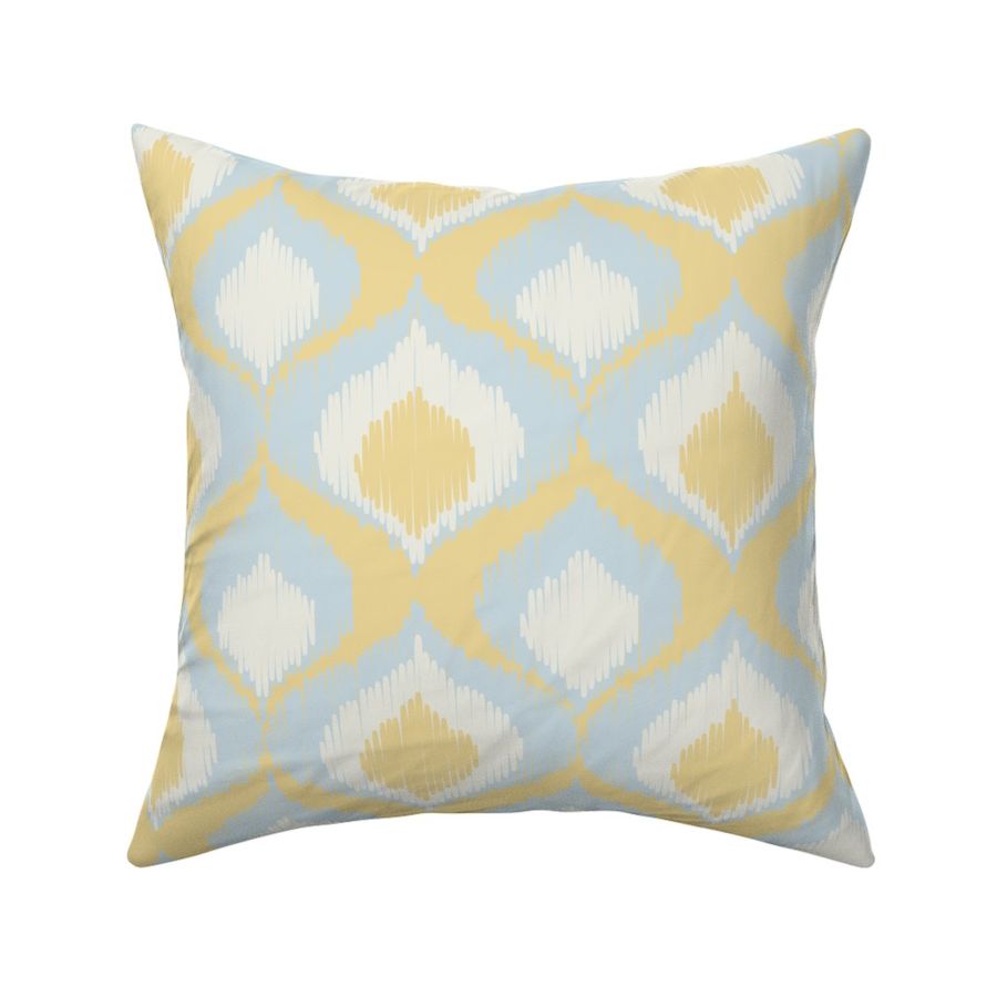 Large Geometrical Ogee Ikat in Benjamin Moore in Honeybee, Polar Sky & White Dove