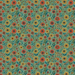 70's retro flowers in green meadow