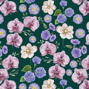 (Large) Floral With Orchids,  Morning Glories, Japanese Anemones and Asters, Forest Green Background 