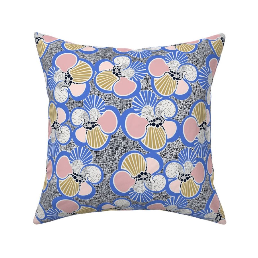 Bold abstract flowers with intricate dotted accents (M) - blue on white