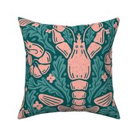 Large scale - vintage modern coastal damask - pink lobsters & emerald green