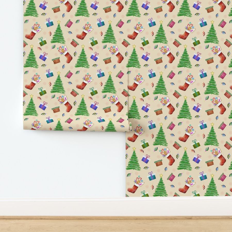 Festive Christmas Trees and Stockings Design On Wheat Brown