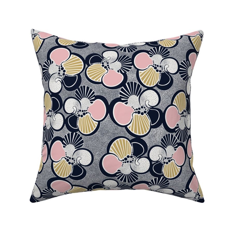 Bold abstract flowers with intricate dotted accents (M) - navy blue + pink