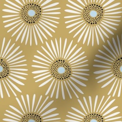 Whimsical stylized dandelion seed-inspired floral - cream white on mustard