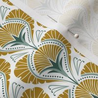 Regency - Art Deco Fan Flower Botanical Damask White Golden Yellow Sage Small