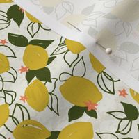 Backyard Meyer Lemons - small scale- in mustard yellow, avocado green and salmon pink on ivory