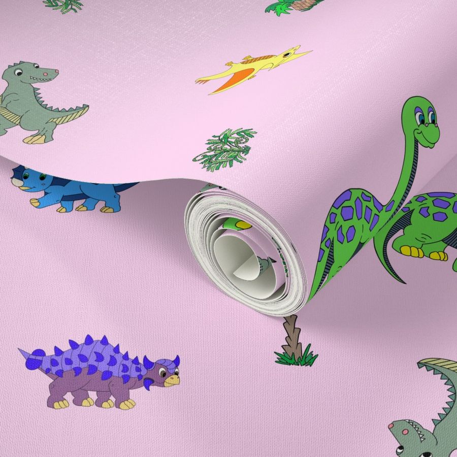 Dinosaurs scattered on light pink  - regular scale print -  (green, blue, yellow, orange, purple, lavender, gray dinosaurs) 