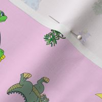 Dinosaurs scattered on light pink  - regular scale print -  (green, blue, yellow, orange, purple, lavender, gray dinosaurs) 