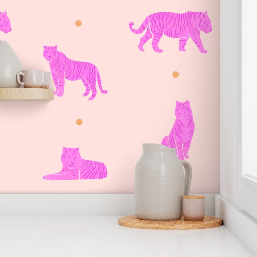 Pink Midcentury Jungle Tiger Print for Children's Decor