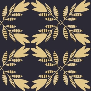 Gold And Midnight Blue Leaf And Tulip Intertwined elegant Wallpaper