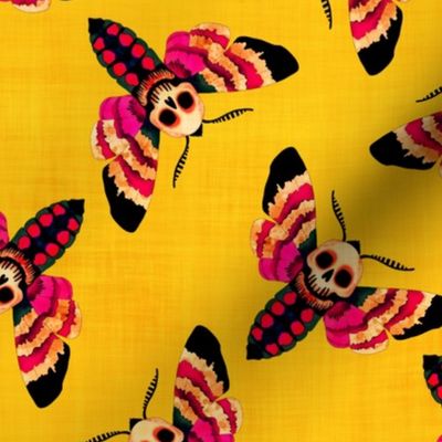 (M) Whimsigoth Death Head Moth, Pink and Black on Sunny Yellow, Linen-like Texture