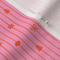 Cute festive pinstripes with minimalistic ornaments in pink and red - Small scale