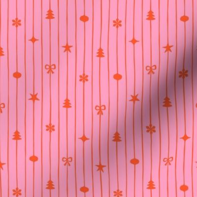 Cute festive pinstripes with minimalistic ornaments in pink and red - Small scale