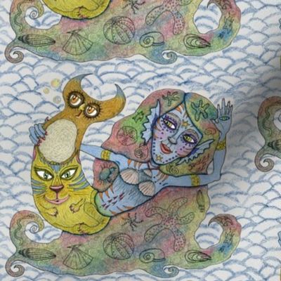 the mermaid the owl and the pussycat,  medium large scale, red orange yellow green blue indigo white pink fantasy fish quirky whimsical cute women sea-life beach boho wallpaper