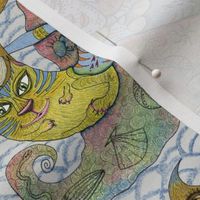 the mermaid the owl and the pussycat,  medium large scale, red orange yellow green blue indigo white pink fantasy fish quirky whimsical cute women sea-life beach boho wallpaper