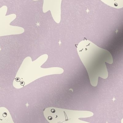 M. Cute Off White Ghosts And Stars On Distressed  Pastel Soft Violet Purple, medium scale