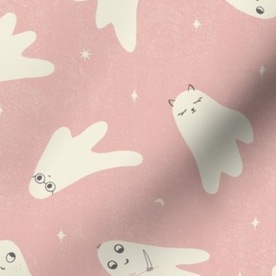 M. Cute Off White Ghosts And Stars On Distressed Pastel Soft Blush Pink, medium scale