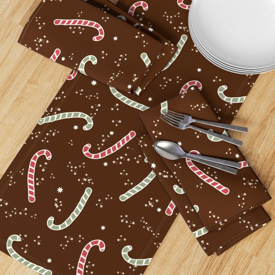 Natural Christmas Hand drawn candy canes tossed with stars snowflakes snow - blender co-ordinate for bedding, quilting, kids in russet sepia brown, ruby, raspberry, crimson red, artichoke, sage green and ivory